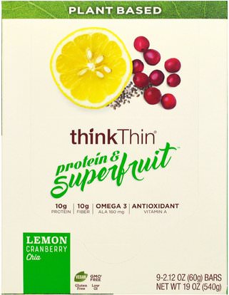 ThinkThin, Protein & Superfruit, Lemon Cranberry Chia, 9 Bars, 2.12 oz (60 g) Each ,والوجبات الخفيفة، والوجبات الخفيفة الصحية، والحانات