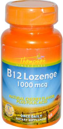 Thompson, B12 Lozenge, Natural Cherry Flavor, 1000 mcg, 30 Lozenges ,الفيتامينات، فيتامين ب، فيتامين ب 12