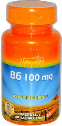 Thompson, B6, 100 mg, 60 Tablets ,الفيتامينات، فيتامين ب، فيتامين b6 - البيريدوكسين