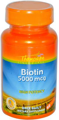 Thompson, Biotin, 5000 mcg, 60 Capsules ,الفيتامينات، فيتامين ب، البيوتين