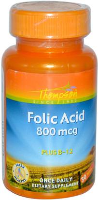 Thompson, Folic Acid, Plus B-12, 800 mcg, 30 Tablets ,الفيتامينات، حمض الفوليك