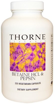 Thorne Research, Betaine HCL & Pepsin, 225 Vegetarian Capsules ,المكملات الغذائية، البيتين هكل