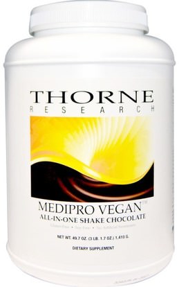Thorne Research, Medipro Vegan, All-In-One Shake, Chocolate, 49.7 oz (1,410 g) ,المكملات الغذائية، البروتين، الفيتامينات
