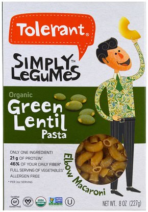 Tolerant, Simply Legumes, Organic Green Lentil Pasta, 8 oz (227 g) ,الطعام، حساء الباستا الأرز والحبوب والمعكرونة والحساء