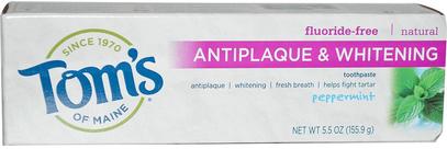 Toms of Maine, Antiplaque & Whitening, Fluoride-Free Toothpaste, Peppermint, 5.5 oz (155.9 g) ,حمام، الجمال، معجون الأسنان، العناية بالأسنان عن طريق الفم، تبييض الأسنان