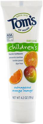 Toms of Maine, Natural Childrens Fluoride Toothpaste, Outrageous Orange Mango, 4.2 oz (119 g) ,حمام، الجمال، معجون الأسنان، والأطفال ومعجون الأسنان الطفل