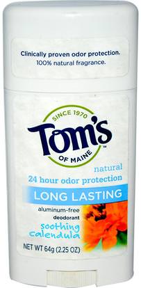 Toms of Maine, Natural Long Lasting Deodorant, Aluminum-Free, Soothing Calendula, 2.25 oz (64 g) ,حمام، الجمال، مزيل العرق، العناية بالوجه، حروق الشمس شمس، الحماية، آذريون