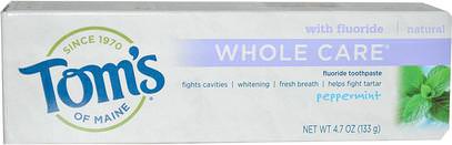 Toms of Maine, Whole Care Fluoride Toothpaste, Peppermint, 4.7 oz (133 g) ,حمام، الجمال، معجون الأسنان، العناية بالأسنان عن طريق الفم، تبييض الأسنان