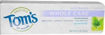 Toms of Maine, Whole Care Fluoride Toothpaste, Spearmint, 4.7 oz (133 g) ,حمام، الجمال، معجون الأسنان، العناية بالأسنان عن طريق الفم، تبييض الأسنان