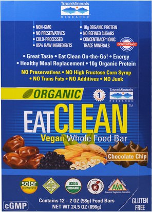 Trace Minerals Research, Organic EatClean Vegan Whole Food Bar, Chocolate Chip, 12 Bars, 2 oz (58 g) Each ,المكملات الغذائية، الحانات الغذائية، المعادن، المعادن النزرة