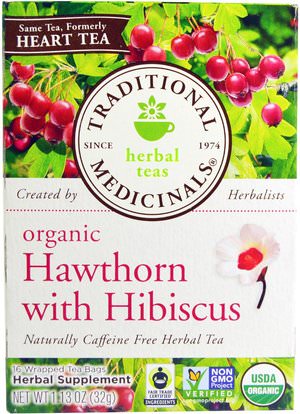 Traditional Medicinals, Herbal Teas, Organic Hawthorn with Hibiscus, Naturally Caffeine Free Herbal Tea, 16 Wrapped Tea Bags, 1.13 oz (32 g) ,Herb-sa