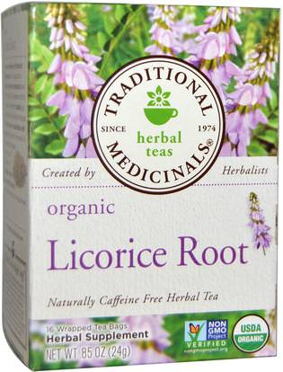 Traditional Medicinals, Herbal Teas, Organic Licorice Root, Naturally Caffeine Free, 16 Wrapped Tea Bags.85 oz (24 g) ,الغذاء، الشاي العشبية، عرق السوس الجذر الشاي، المكملات الغذائية، أدابتوغن