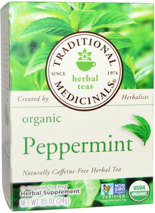 Traditional Medicinals, Herbal Teas, Organic Peppermint, Naturally Caffeine Free, 16 Wrapped Tea Bags.85 oz. (24 g) ,الطعام، شاي الأعشاب، شاي النعناع