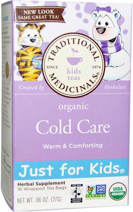 Traditional Medicinals, Just for Kids, Organic Cold Care, Naturally Caffeine Free Herbal Tea, 18 Tea Bags.96 oz (27 g) ,الغذاء، الشاي العشبية، سعال انفلونزا البرد