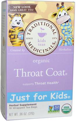 Traditional Medicinals, Just for Kids, Organic Throat Coat, Naturally Caffeine Free Herbal Tea, 18 Wrapped Tea Bags.96 oz (27 g) ,الطعام، شاي الأعشاب