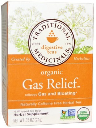 Traditional Medicinals, Digestive Teas, Organic Gas Relief Tea, Naturally Caffeine Free, 16 Wrapped Tea Bags.85 oz (24 g) ,الصحة