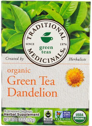 Traditional Medicinals, Green Teas, Organic Green Tea Dandelion, 16 Wrapped Tea Bags, 1.13 oz (32 g) ,الغذاء، شاي الأعشاب، الهندباء الشاي، المكملات الغذائية، مضادات الأكسدة، الشاي الأخضر