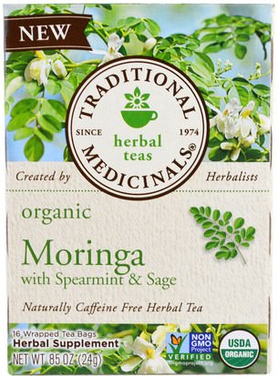Traditional Medicinals, Organic Moringa with Spearmint & Sage, 16 Wrapped Tea Bags, 86 oz (24 g) ,الطعام، شاي الأعشاب، سبارمينت