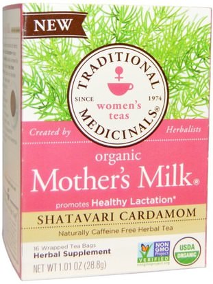 Traditional Medicinals, Womens Teas, Organic Mothers Milk, Shatavari Cardamom, Naturally Caffeine Free, 16 Wrapped Tea Bags.06 oz (1.8 g) Each ,الصحة، الحمل، تغذية الطفل، الرضاعة الطبيعية
