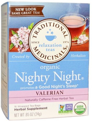 Traditional Medicinals, Relaxation Teas, Organic Nighty Night, Naturally Caffeine Free Herbal Tea, Valerian, 16 Wrapped Tea Bags.85 oz (24 g) ,الأعشاب، فاليريان