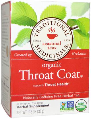 Traditional Medicinals, Seasonal Teas, Organic Throat Coat, Naturally Caffeine Free, 16 Wrapped Tea Bags, 1.13 oz (32 g) ,Herb-sa