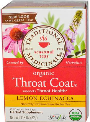 Traditional Medicinals, Seasonal Teas, Organic Throat Coat, Naturally Caffeine Free, Lemon Echinacea, 16 Wrapped Tea Bags, 1.13 oz (32 g) ,Herb-sa