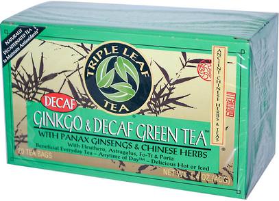 Triple Leaf Tea, Ginkgo & Decaf Green Tea, 20 Tea Bags, 1.4 oz (40 g) ,المكملات الغذائية، مضادات الأكسدة، الشاي الأخضر، الأعشاب، الجنكة بيلوبا