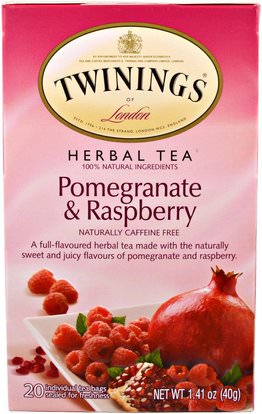Twinings, Herbal Tea, Pomegranate & Raspberry, Caffeine Free, 20 Tea Bags, 1.41 oz (40 g) ,الطعام، شاي الأعشاب