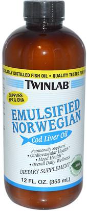 Twinlab, Emulsified Norwegian Cod Liver Oil, Mint, 12 fl oz (355 ml) ,المكملات الغذائية، إيفا أوميجا 3 6 9 (إيبا دا)، زيت السمك، زيت السمك السائل