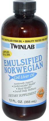 Twinlab, Emulsified Norwegian Cod Liver Oil, Orange, 12 fl oz (355 ml) ,المكملات الغذائية، إيفا أوميجا 3 6 9 (إيبا دا)، زيت السمك، زيت السمك السائل