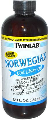 Twinlab, Norwegian Cod Liver Oil, Unflavored, 12 fl oz (355 ml) ,المكملات الغذائية، إيفا أوميجا 3 6 9 (إيبا دا)، زيت السمك، كبد سمك القد كبد النفط