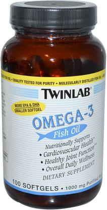 Twinlab, Omega-3 Fish Oil, 100 Softgels ,المكملات الغذائية، إيفا أوميجا 3 6 9 (إيبا دا)، زيت السمك، أوميغا 369 قبعات / علامات التبويب