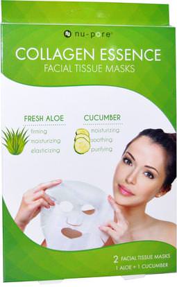Nu-Pore, Collagen Essence Facial Tissue Mask, Fresh Aloe / Cucumber, 2 Masks ,الجمال، أقنعة الوجه، أقنعة ورقة
