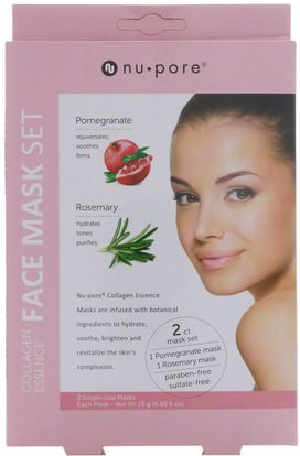 Nu-Pore, Collagen Essence Facial Tissue Masks, Natural Herb & Pomegranate, 2 Masks ,الجمال، أقنعة الوجه، أقنعة ورقة