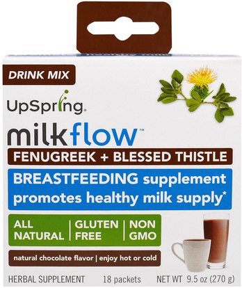 UpSpring, Milkflow, Fenugreek + Blessed Thistle Drink Mix, Natural Chocolate Flavor, 18 Packets, (15 g) Each ,صحة الطفل، تغذية الطفل، الرضاعة الطبيعية