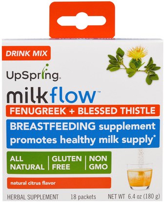 UpSpring, Milkflow, Fenugreek + Blessed Thistle Drink Mix, Natural Citrus Flavor, 18 Packets, 0.35 oz (10 g) Each ,صحة الطفل، الرضاعة الطبيعية