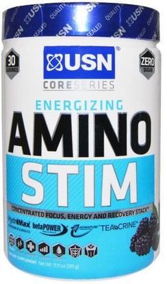USN, Amino Stim, Concetrated Focus, Energy and Recovery Stack, Blue Raspberry Flavor, 11.11 oz (315 g) ,الرياضة، تجريب، الرياضة