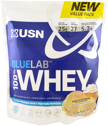 USN, BlueLab, 100% Whey Protein, Vanilla Ice Cream, 2 lbs (918 g) ,المكملات الغذائية، بروتين مصل اللبن