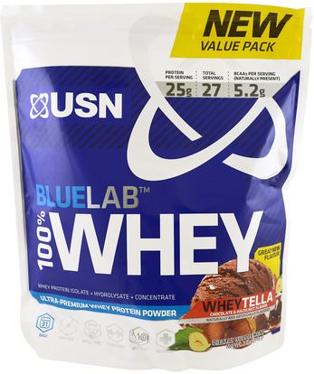 USN, BlueLab, 100% Whey Protein, WheyTella, 2 lbs (918 g) ,المكملات الغذائية، بروتين مصل اللبن