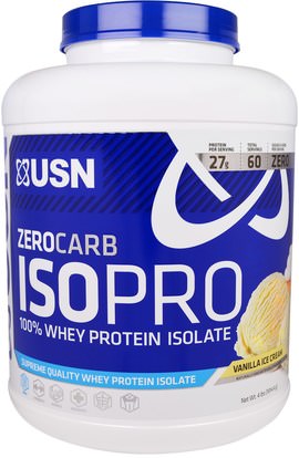 USN, Zero Carb ISOPRO, 100% Whey Protein Isolate, Vanilla Ice Cream, 4 lbs (1814.4 g) ,Herb-sa