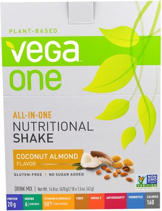 Vega, All-In-One, Nutritional Shake, Coconut Almond, 10 Packets, 1.5 oz (42 g) Each ,والرياضة، والمكملات الغذائية، والبروتين