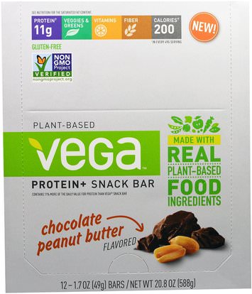 Vega, Plant-Based Protein and Snack Bar, Chocolate Peanut Butter, 12 Bars, 1.7 oz (49 g) Each ,والرياضة، والبروتين أشرطة