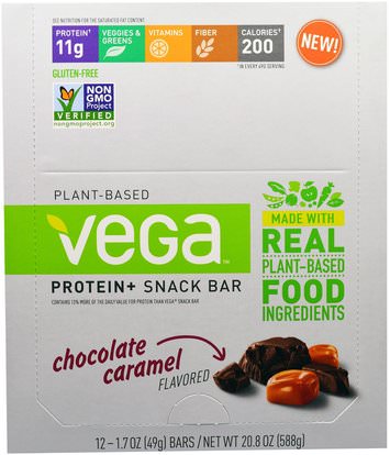 Vega, Snack Bar, Chocolate Caramel, 12 Bars, 1.48 oz (42 g) Each ,والرياضة، والبروتين أشرطة