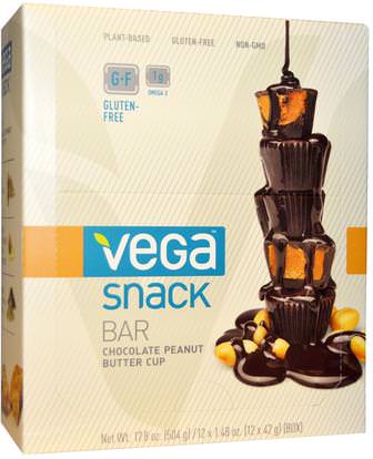 Vega, Snack Bar, Chocolate Peanut Butter Cup, 12 Bars, 1.48 oz (42 g) Each ,المكملات الغذائية، الحانات الغذائية