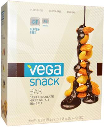 Vega, Snack Bar, Dark Chocolate Mixed Nuts/Sea Salt, 12 Bars, 1.48 oz (42 g) Each ,المكملات الغذائية، الحانات الغذائية