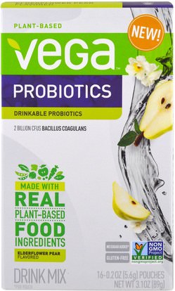 Vega, Vega Drink Mix, Probiotics, Elderflower Pear Flavored, 16 Pouches, 0.2 oz (5.6 g) Each ,المكملات الغذائية، البروبيوتيك، استقرت البروبيوتيك