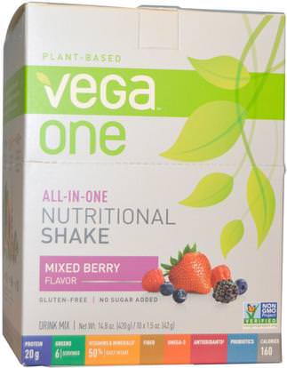 Vega, Vega One, All-in-One Nutritional Shake, Mixed Berry Flavor, 10 Packets, 1.5 oz (42 g) Each ,المكملات الغذائية، سوبرفوودس