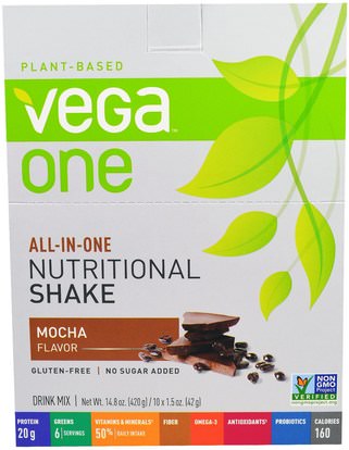 Vega, Vega One Shake, Mocha, 10 Packets, 1.5 oz (42 g) Each ,والمكملات الغذائية، ومضادات الأكسدة، والرياضة