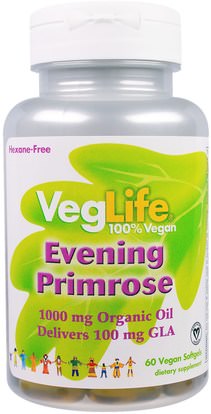 VegLife, Evening Primrose, 1000 mg, 60 Vegan Softgels ,المكملات الغذائية، إيفا أوميجا 3 6 9 (إيبا دا)، زيت زهرة الربيع المسائية، زيت زهرة الربيع سوفتغيلس
