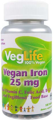 VegLife, Vegan Iron, 25 mg, 100 Tablets ,المكملات الغذائية، والمعادن، والحديد